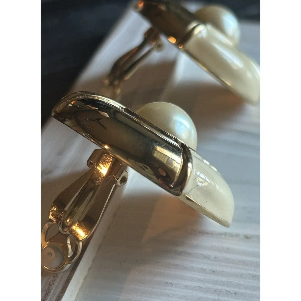 GIVENCHY Signed  Faux Pearl Ivory Enamel Gold Plated Statement Earrings C: 1980s - Picture 5 of 14